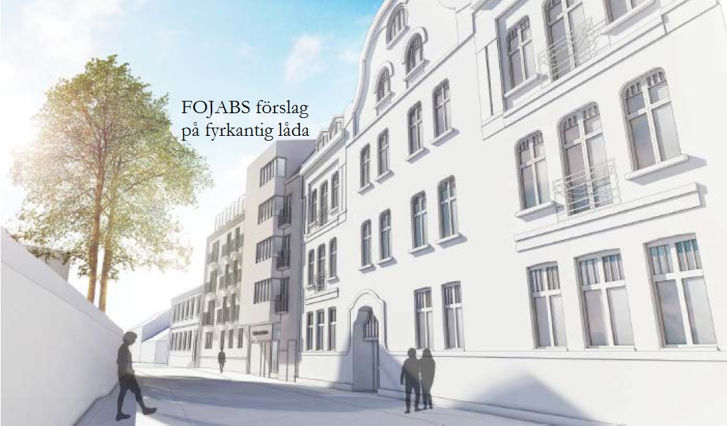 Lunds kommuns eget förslag genom arkitektbyrån FOJAB. Enligt oss en halvmesyr som skulle dra ner helhetsintrycket av kulturkvadranten