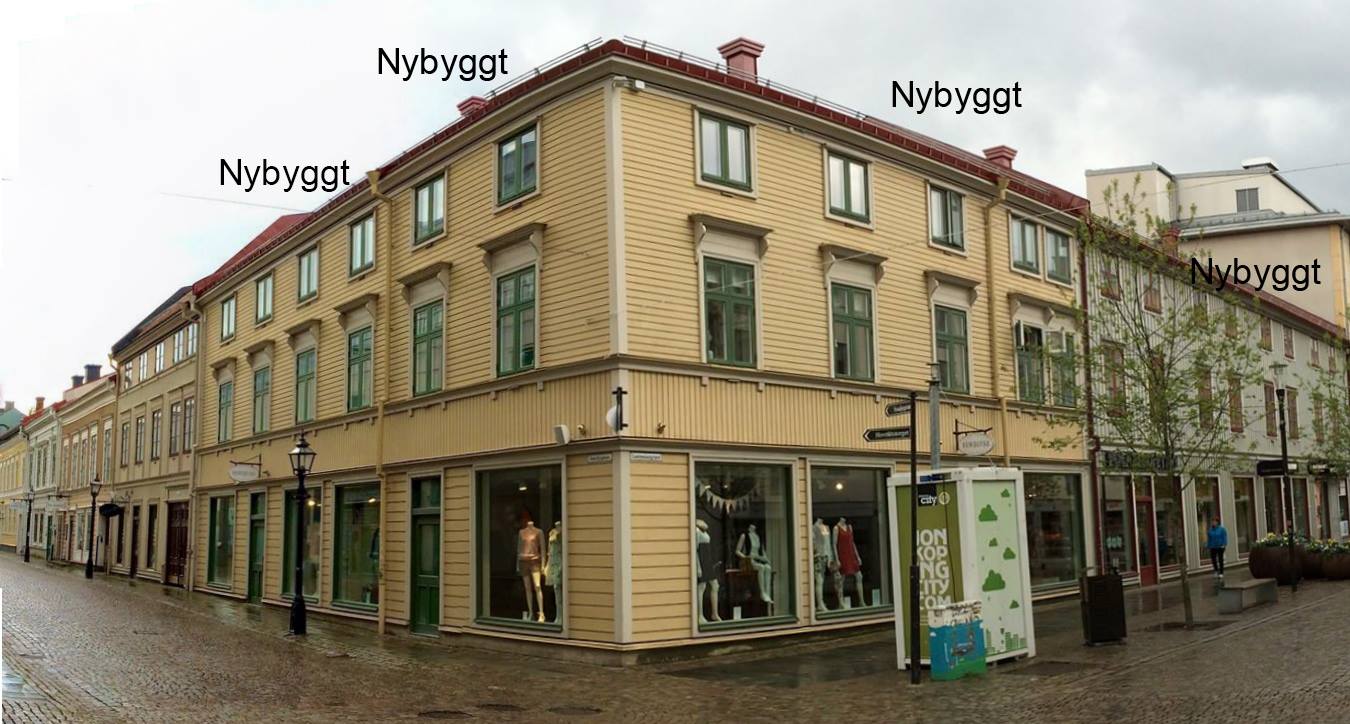 Nyproducerade trähus på historiska Smedjegatan i Jönköping.