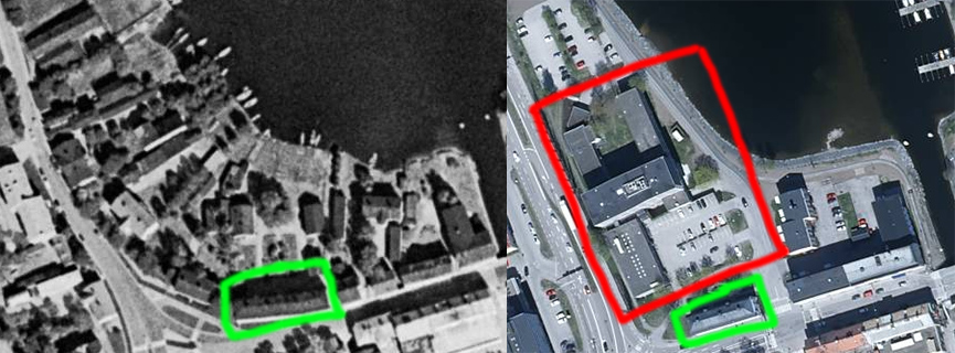 Förr jämfört med idag i Härnösand. Rött markerar var landstingshuset ligger idag. Det gröna huset är det gamla lasarettet som finns kvar än idag.