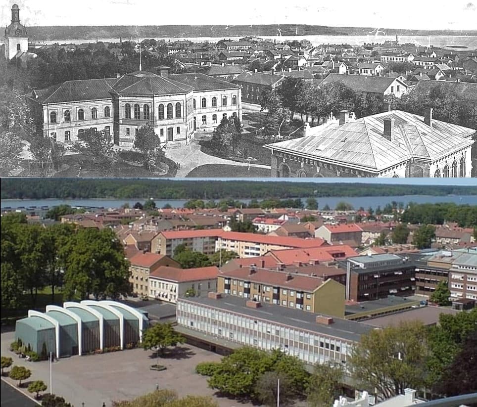 Bilden är tagen från Vänersborgs vattentorn. Vänersborgs museum syns tydligt i den äldre bilden och anas i den nedre kanten i den nya.