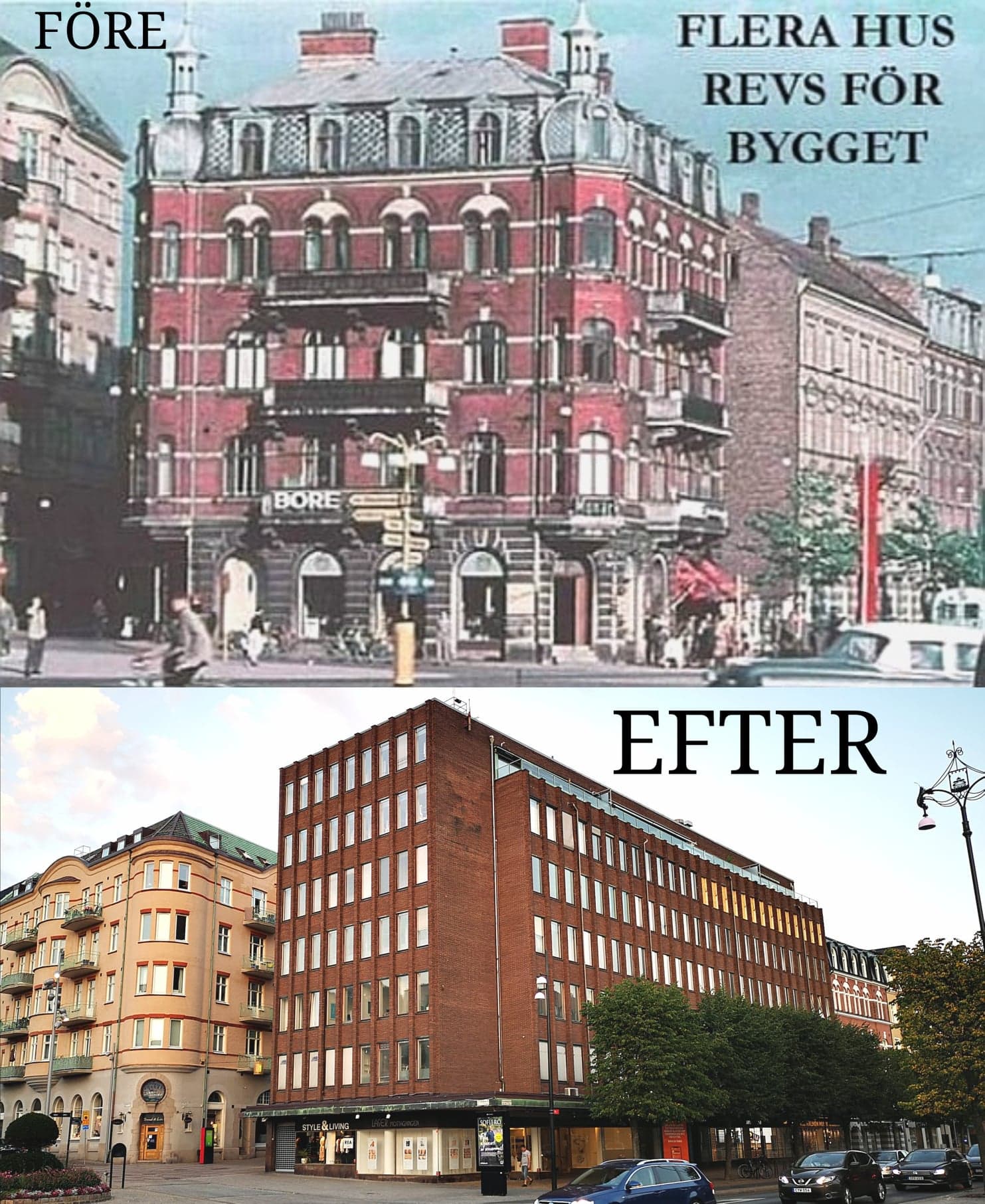 Samma vy förr och idag. Allmänna Brands kontorshus är Helsingborgs tredje fulaste byggnad.