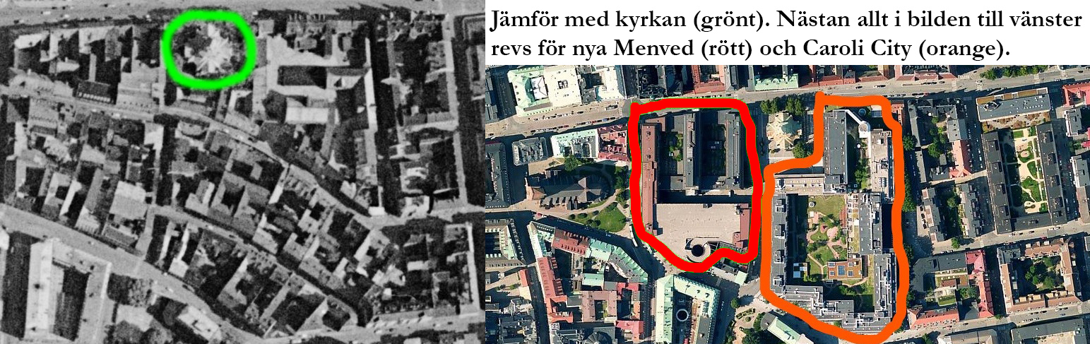 Flygoto förr jämfört med idag som visar både Caroli-kvarteren (orange) och Kvarteret Menved (rött). Orientera er med Caroli kyrka (grönt) som ännu står kvar.