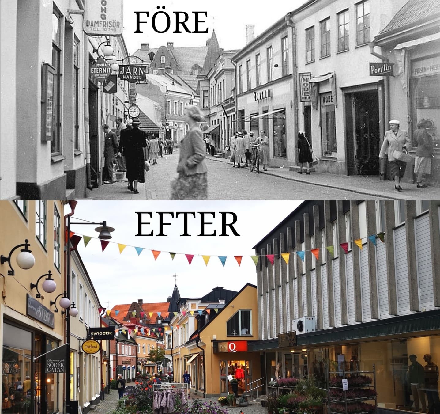 Före och efter rivningarna på Sölvesborgs vackraste gata.